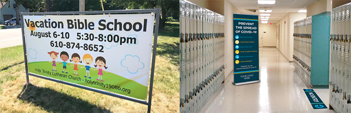 Vacation Bible School Banner and Prevent COVID-19 Banner Stand in School Hallway